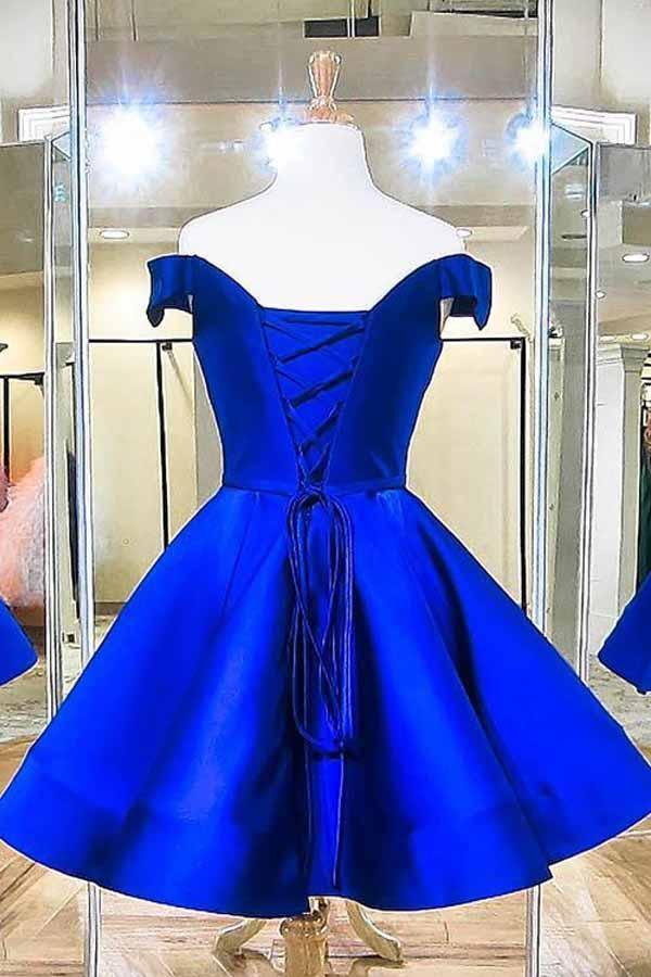 Fashion Off The Shoulder Royal Blue Satin Homecoming Dresses - Image 2