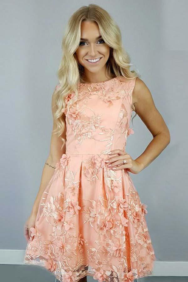 A-Line Bateau Coral Satin Homecoming Dress with Appliques Flowers