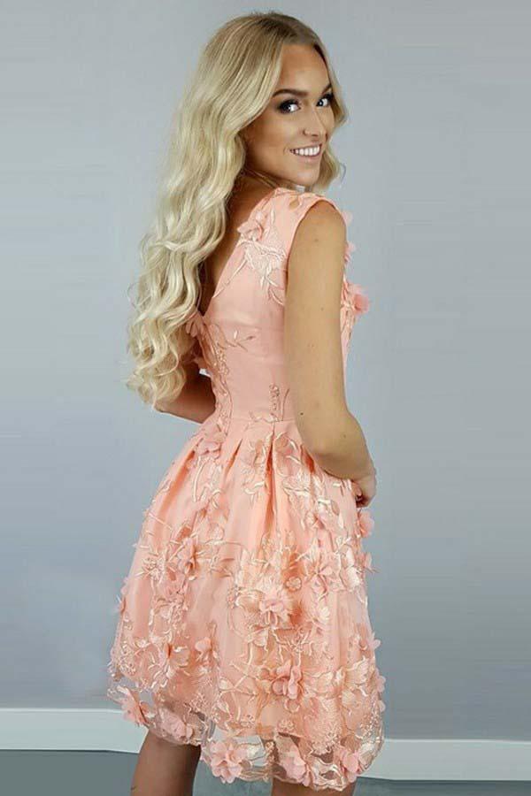 A-Line Bateau Coral Satin Homecoming Dress with Appliques Flowers - Image 2
