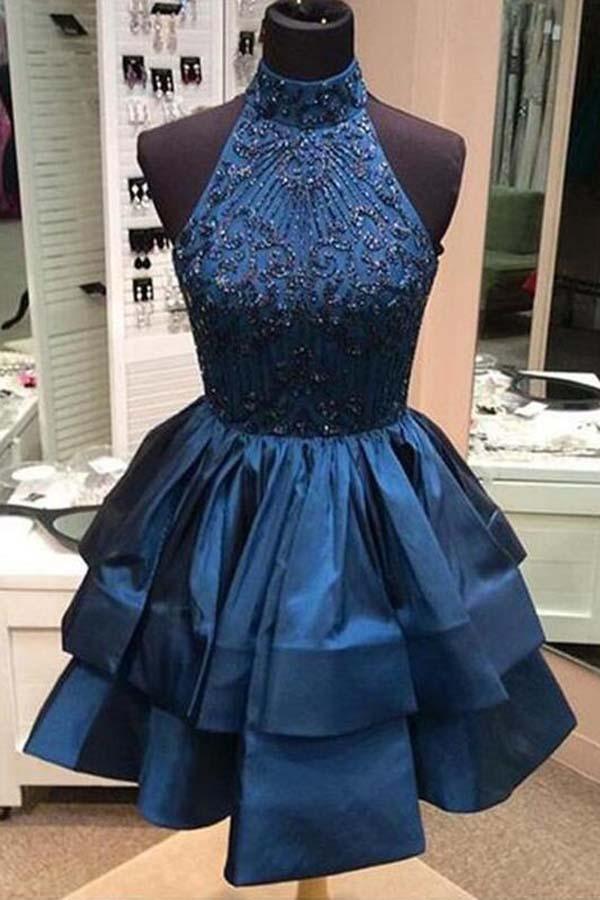 A-line Beaded Halter Neckline Satin Homecoming Dress Short Prom Dress PG166 - Image 2