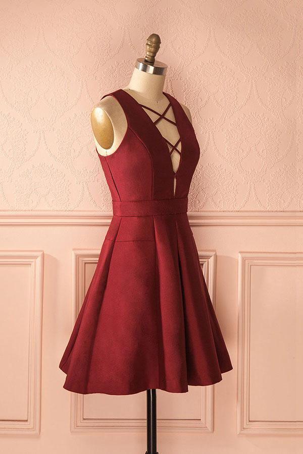 A-Line Deep V-Neck Sleeveless Lace-up Burgundy Satin Homecoming Dress - Image 3