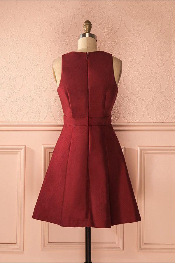 A-Line Deep V-Neck Sleeveless Lace-up Burgundy Satin Homecoming Dress - Image 4