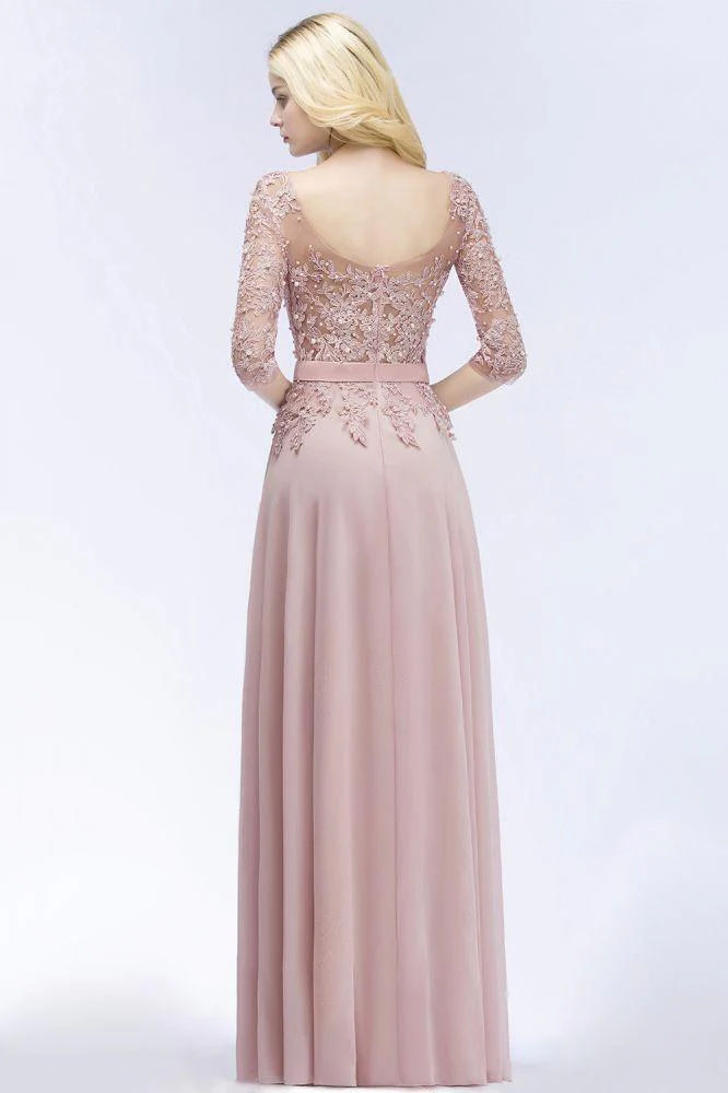 Numbersea A-line Floor Length Half Sleeves Appliques Bridesmaid Dresses with Sash - Image 4