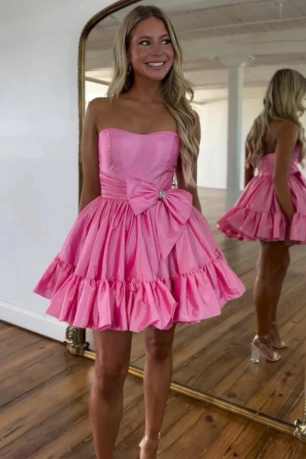 A Line Fuchsia Strapless Ruffle Cute Homecoming Dress with Bow - Image 2