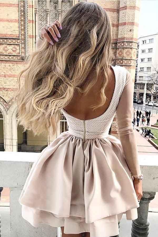 A-Line High Neck Long sleeves Homecoming Dress with Appliques Sleeves - Image 2