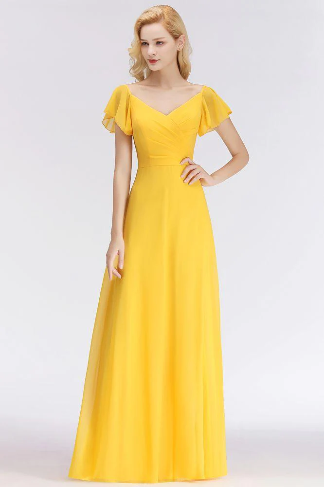 A-line Long V-neck Short Sleeves Yellow Chiffon Bridesmaid Dresses - Image 6