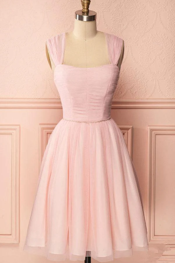 A-Line Pink Tulle Straps Pleats Beading Homecoming Dress Short Prom Dress