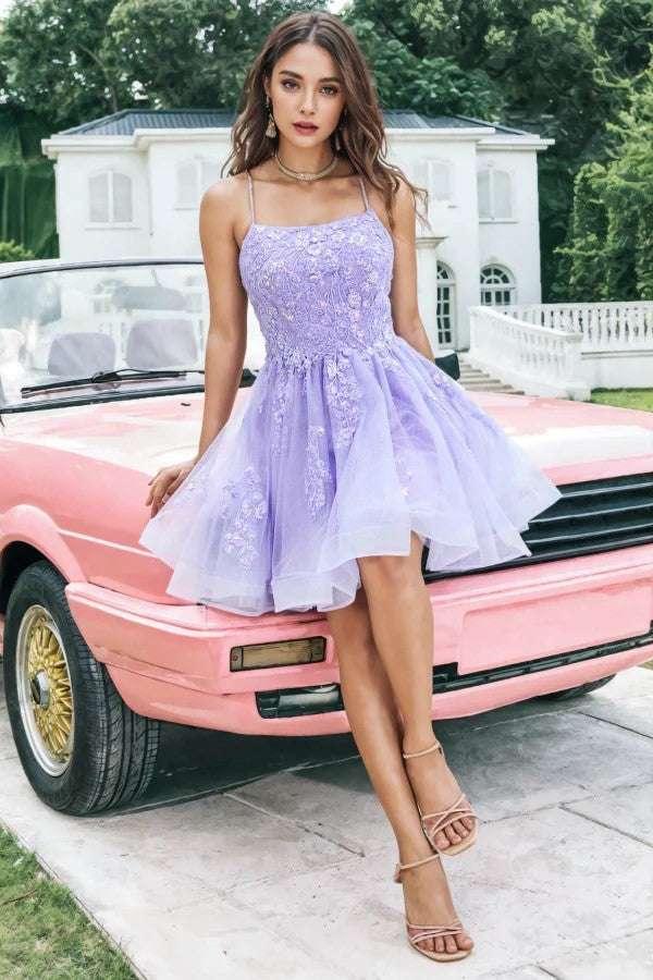 A Line Sequins Lilac Cute Homecoming Dress with Appliques PD570 - Image 3