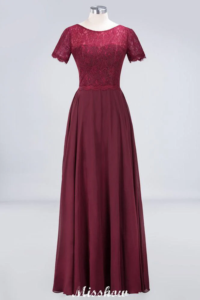 A-Line Short-Sleeves Floor-Length Bridesmaid Dress Chiffon Lace Round-Neck Evening Dress - Image 9