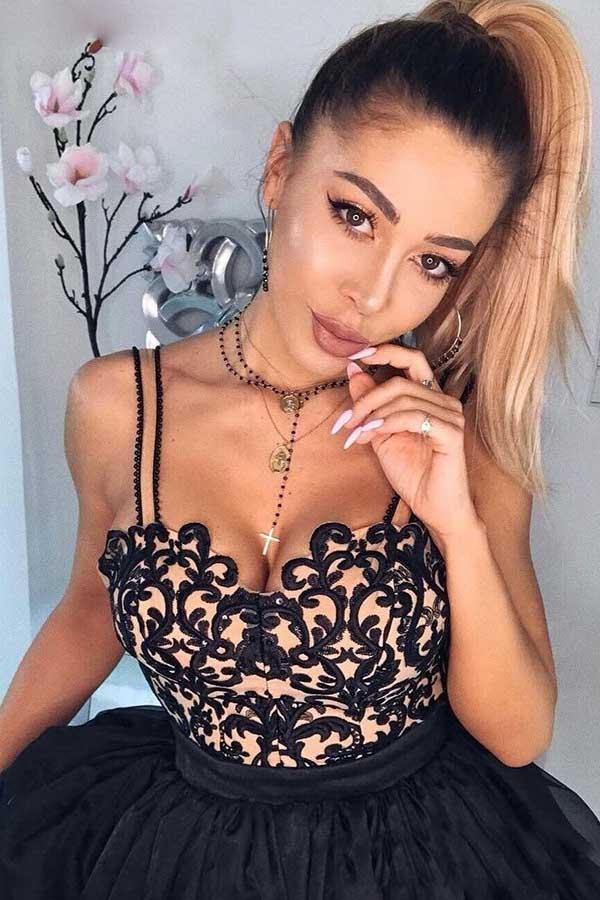 A-Line Spaghetti Straps Black Chiffon Homecoming Dress with Appliques - Image 2