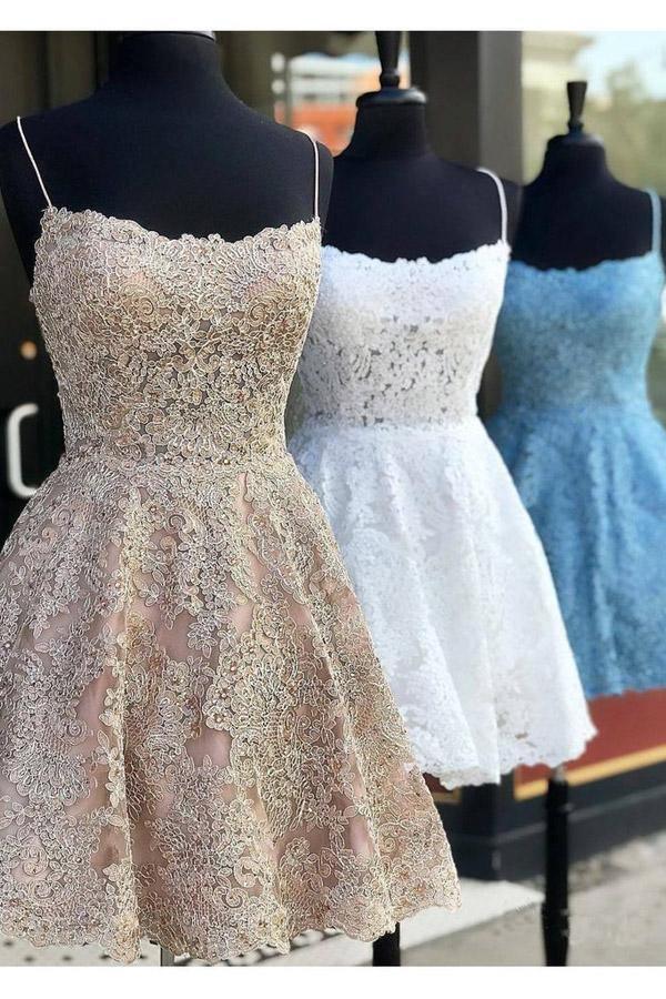 A Line Spaghetti Straps Cross Back Blue Lace Short Prom Dresses - Image 6
