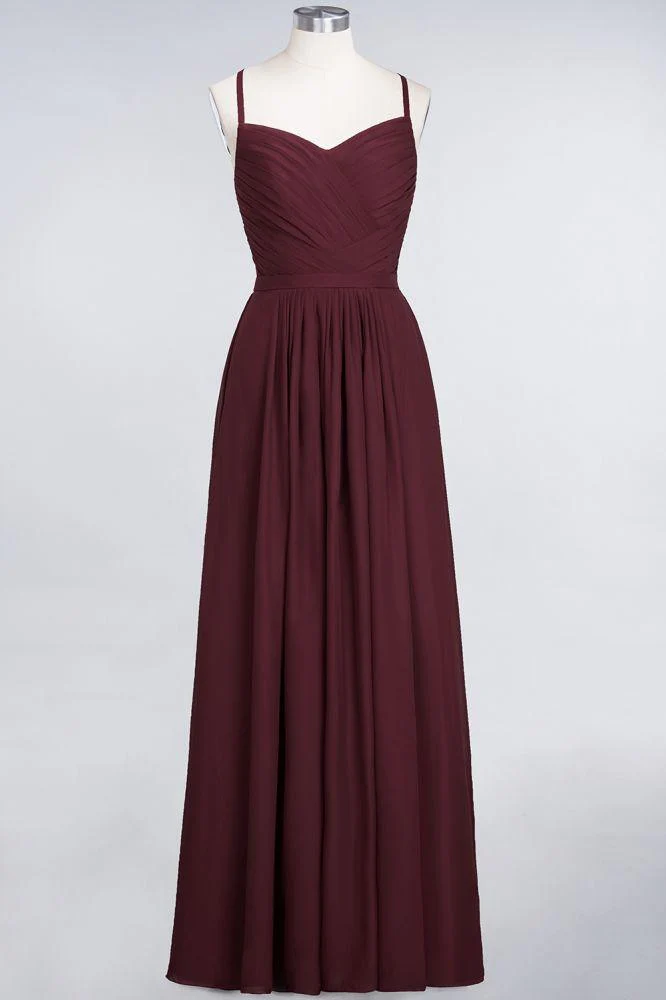A-Line Spaghetti-Straps Sweetheart Sleeveless Bridesmaid Dress Ruffles Chiffon Evening Maxi Gown - Image 17