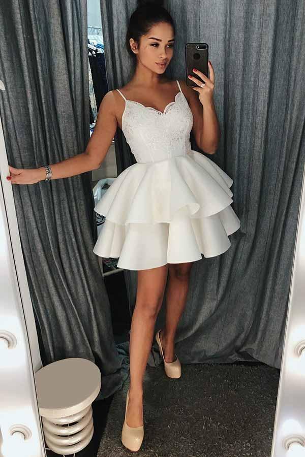 A-Line Spaghetti Straps Tiered Short Satin Homecoming Dress with Lace - Image 2