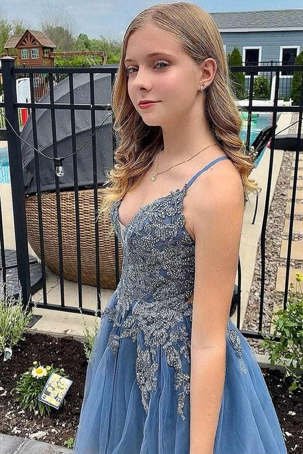 A Line Spaghetti Straps Tulle Short Grey Blue Homecoming Dress - Image 2