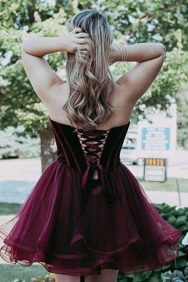 A-Line Sweetheart Short Burgundy Organza Homecoming Party Dress - Image 2