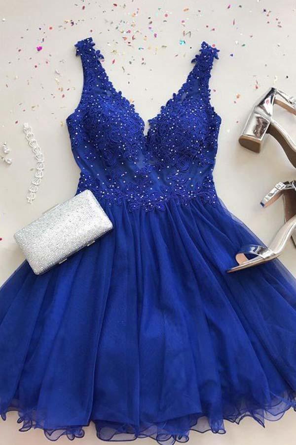 A Line V Neck Tulle Beaded Royal Blue Homecoming Dresses with Appliques - Image 3