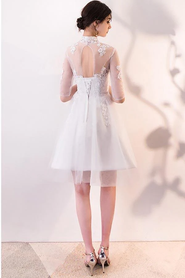 A-line White Lace and Tulle Homecoming Dresses Party Dress with Sleeves - Image 2