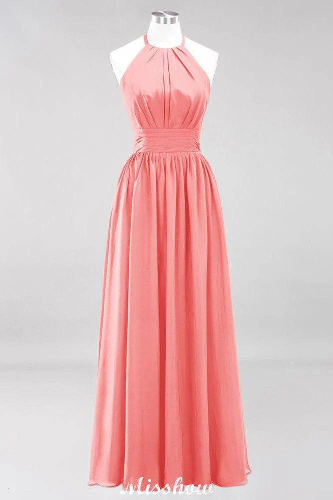 Appliques Halter Sleeveless Floor-Length Bridesmaid Dresses with Ruffles A-line Chiffon Evening Maxi Dress - Image 14