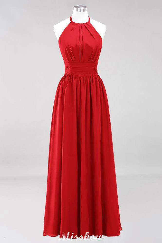 Appliques Halter Sleeveless Floor-Length Bridesmaid Dresses with Ruffles A-line Chiffon Evening Maxi Dress - Image 15