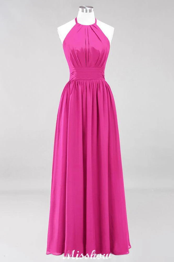 Appliques Halter Sleeveless Floor-Length Bridesmaid Dresses with Ruffles A-line Chiffon Evening Maxi Dress - Image 16