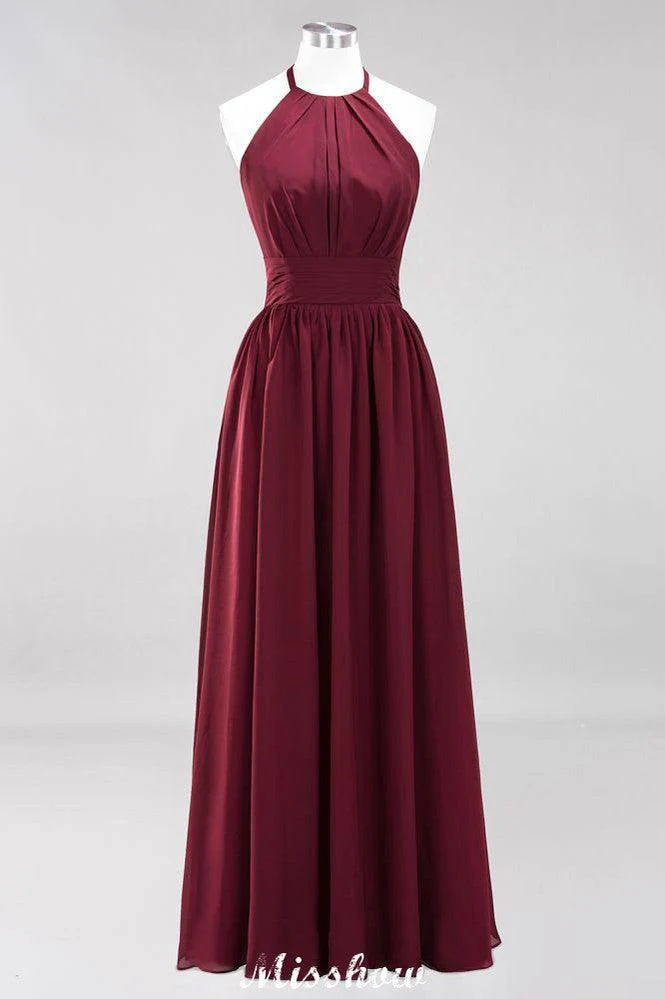 Appliques Halter Sleeveless Floor-Length Bridesmaid Dresses with Ruffles A-line Chiffon Evening Maxi Dress - Image 17