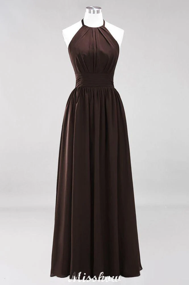 Appliques Halter Sleeveless Floor-Length Bridesmaid Dresses with Ruffles A-line Chiffon Evening Maxi Dress - Image 18