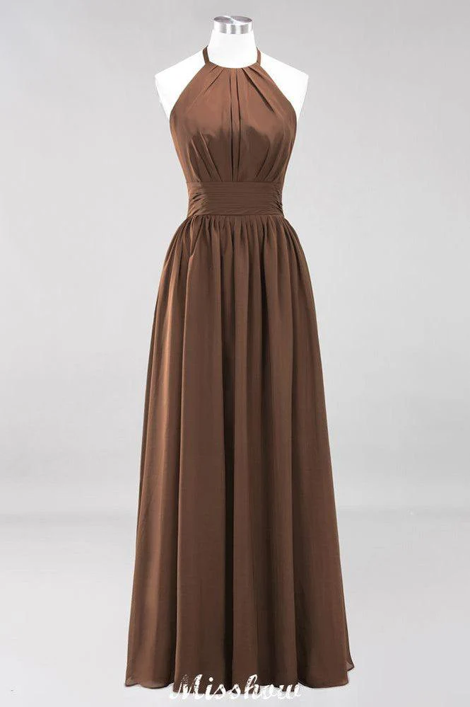 Appliques Halter Sleeveless Floor-Length Bridesmaid Dresses with Ruffles A-line Chiffon Evening Maxi Dress - Image 19