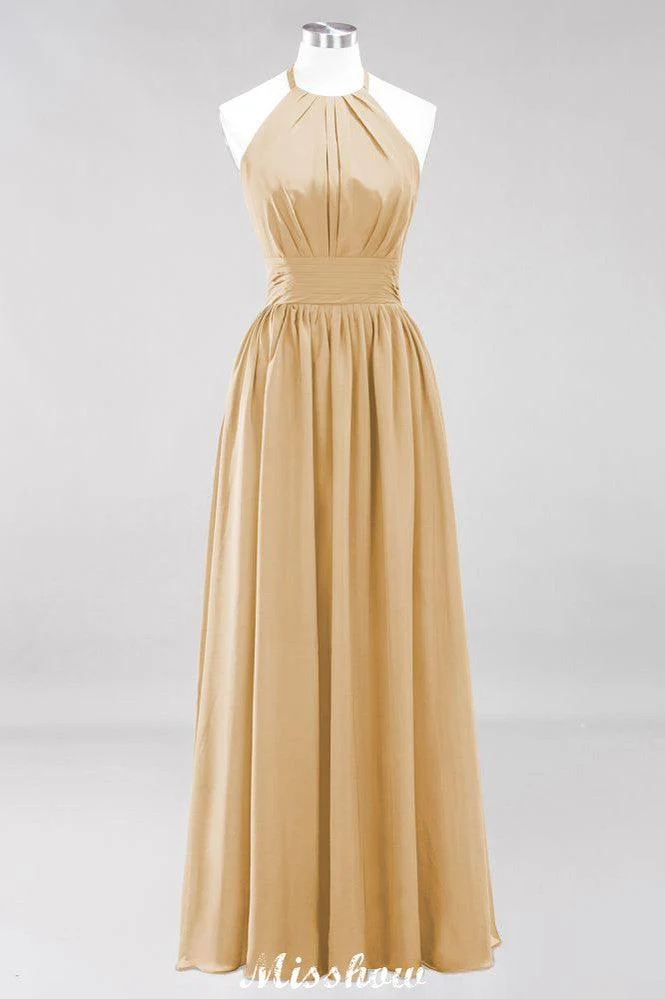 Appliques Halter Sleeveless Floor-Length Bridesmaid Dresses with Ruffles A-line Chiffon Evening Maxi Dress - Image 20