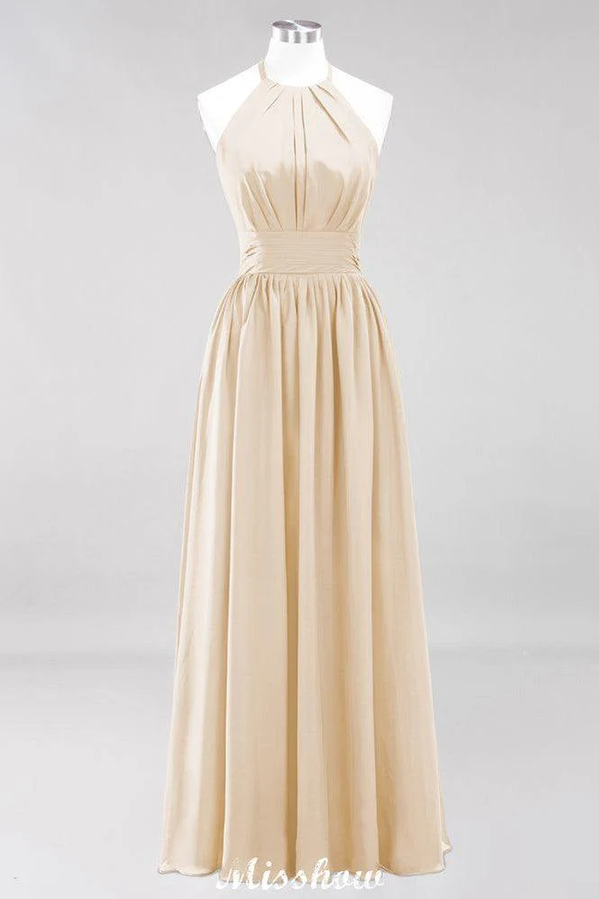 Appliques Halter Sleeveless Floor-Length Bridesmaid Dresses with Ruffles A-line Chiffon Evening Maxi Dress - Image 21