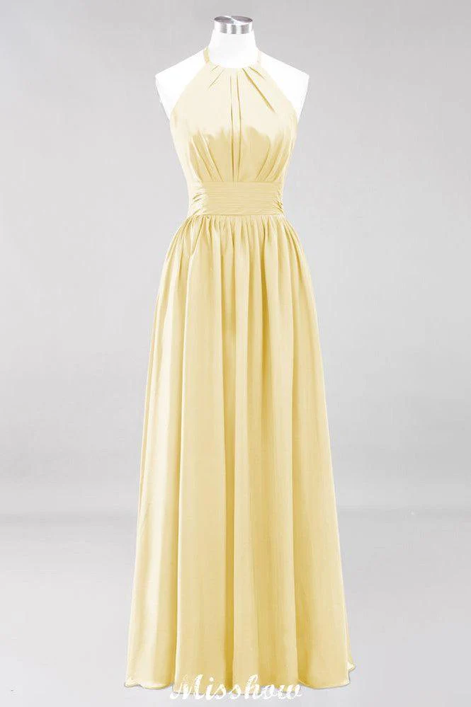 Appliques Halter Sleeveless Floor-Length Bridesmaid Dresses with Ruffles A-line Chiffon Evening Maxi Dress - Image 24