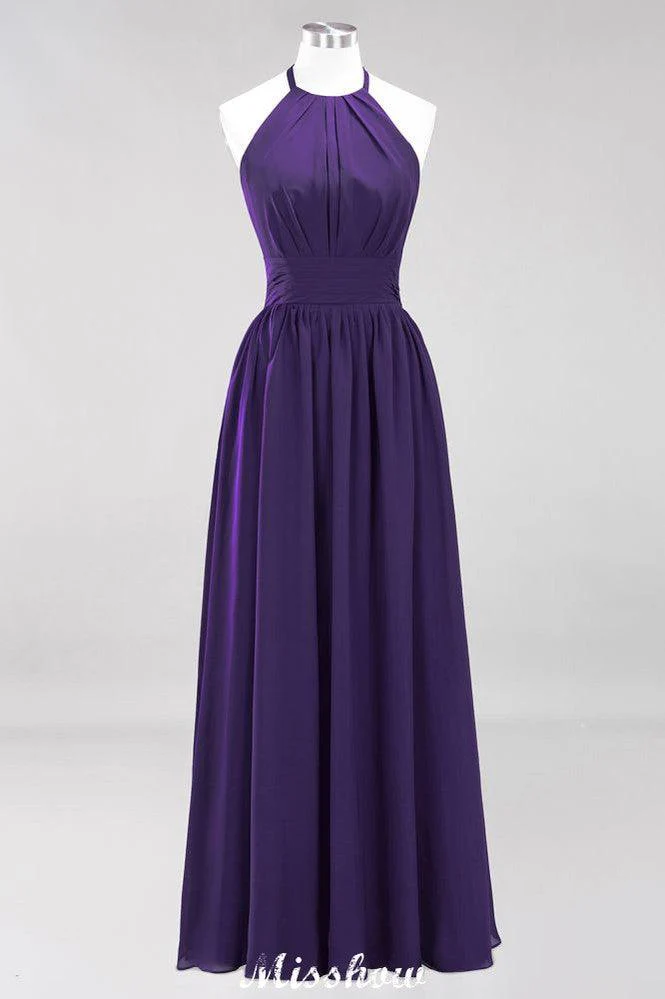 Appliques Halter Sleeveless Floor-Length Bridesmaid Dresses with Ruffles A-line Chiffon Evening Maxi Dress - Image 25