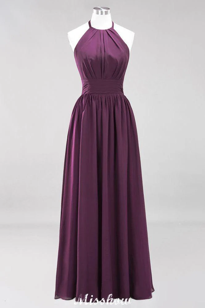Appliques Halter Sleeveless Floor-Length Bridesmaid Dresses with Ruffles A-line Chiffon Evening Maxi Dress - Image 26
