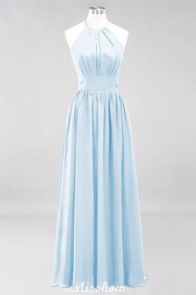 Appliques Halter Sleeveless Floor-Length Bridesmaid Dresses with Ruffles A-line Chiffon Evening Maxi Dress - Image 29