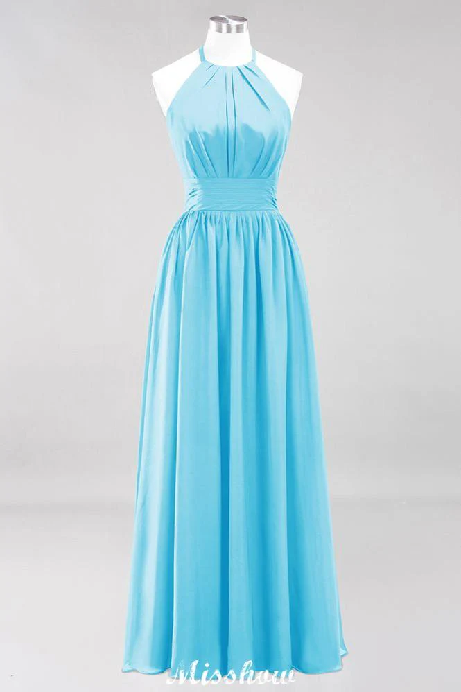 Appliques Halter Sleeveless Floor-Length Bridesmaid Dresses with Ruffles A-line Chiffon Evening Maxi Dress - Image 30