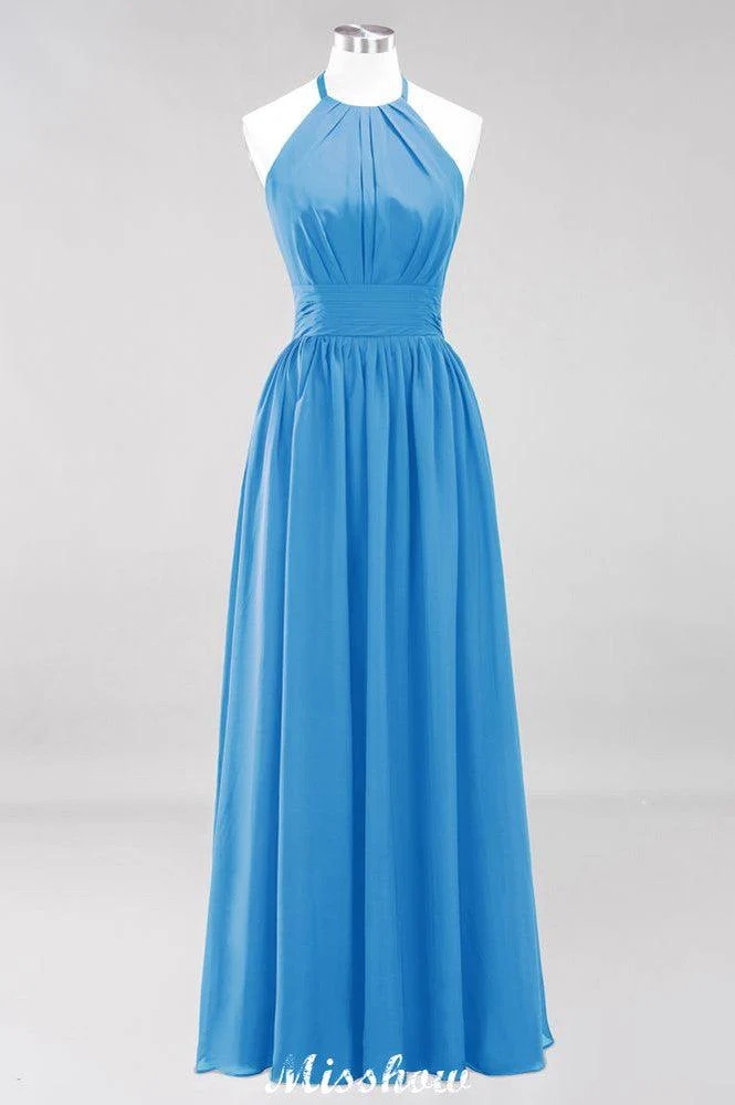 Appliques Halter Sleeveless Floor-Length Bridesmaid Dresses with Ruffles A-line Chiffon Evening Maxi Dress - Image 31