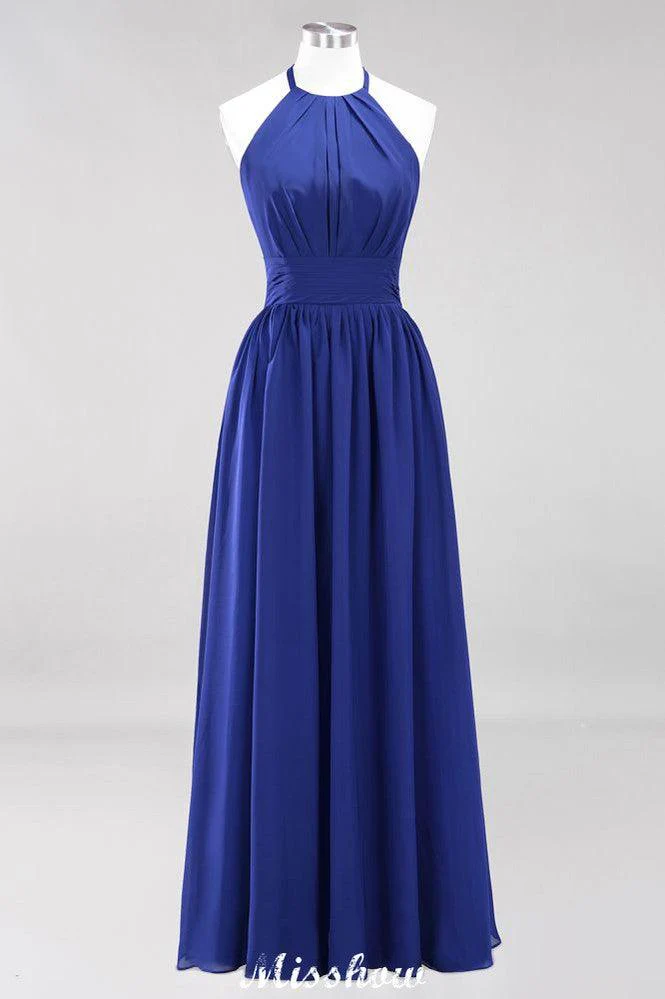 Appliques Halter Sleeveless Floor-Length Bridesmaid Dresses with Ruffles A-line Chiffon Evening Maxi Dress - Image 32