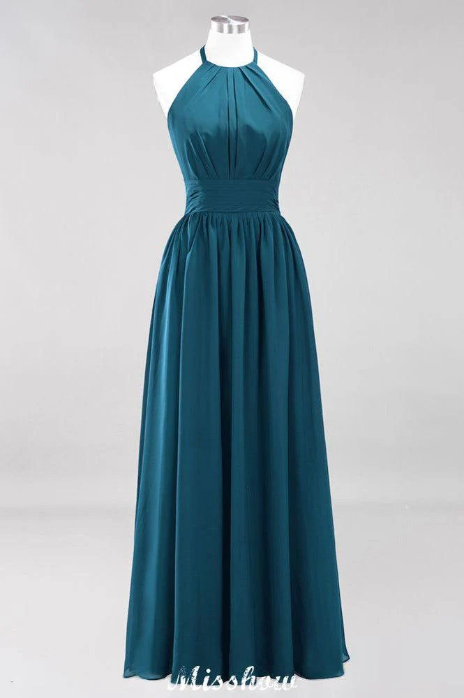 Appliques Halter Sleeveless Floor-Length Bridesmaid Dresses with Ruffles A-line Chiffon Evening Maxi Dress - Image 33