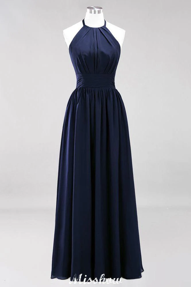 Appliques Halter Sleeveless Floor-Length Bridesmaid Dresses with Ruffles A-line Chiffon Evening Maxi Dress - Image 34