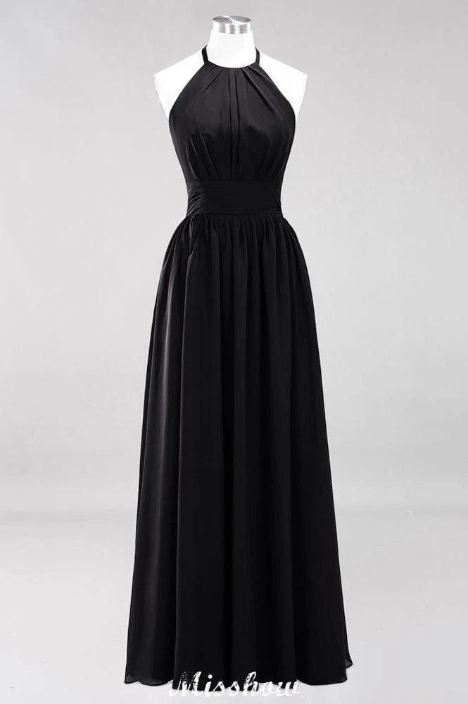 Appliques Halter Sleeveless Floor-Length Bridesmaid Dresses with Ruffles A-line Chiffon Evening Maxi Dress - Image 35