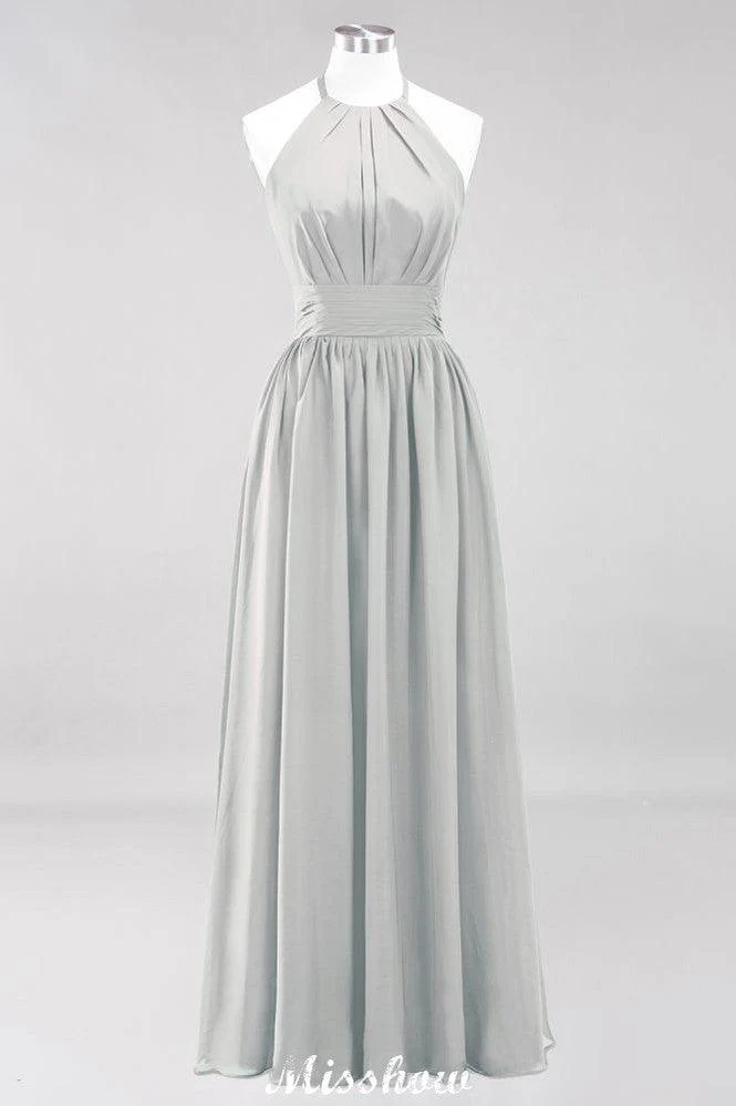 Appliques Halter Sleeveless Floor-Length Bridesmaid Dresses with Ruffles A-line Chiffon Evening Maxi Dress - Image 36