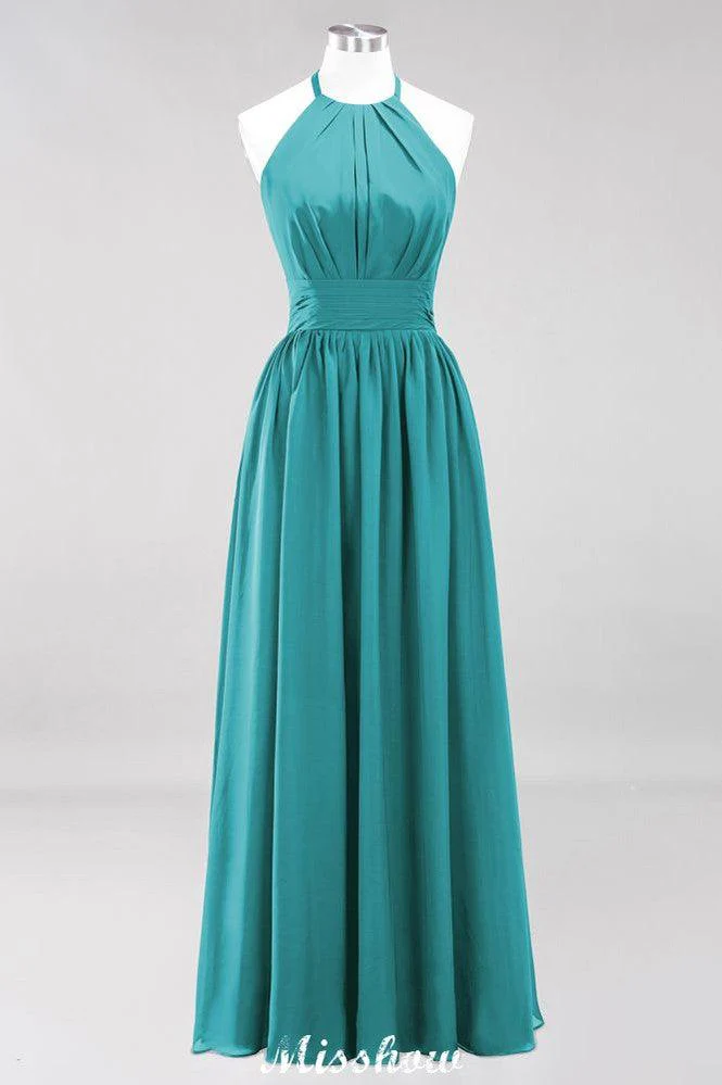 Appliques Halter Sleeveless Floor-Length Bridesmaid Dresses with Ruffles A-line Chiffon Evening Maxi Dress - Image 38