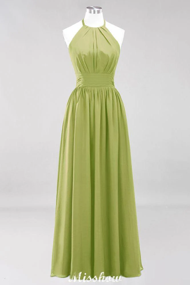 Appliques Halter Sleeveless Floor-Length Bridesmaid Dresses with Ruffles A-line Chiffon Evening Maxi Dress - Image 39
