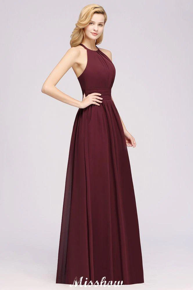 Appliques Halter Sleeveless Floor-Length Bridesmaid Dresses with Ruffles A-line Chiffon Evening Maxi Dress - Image 4