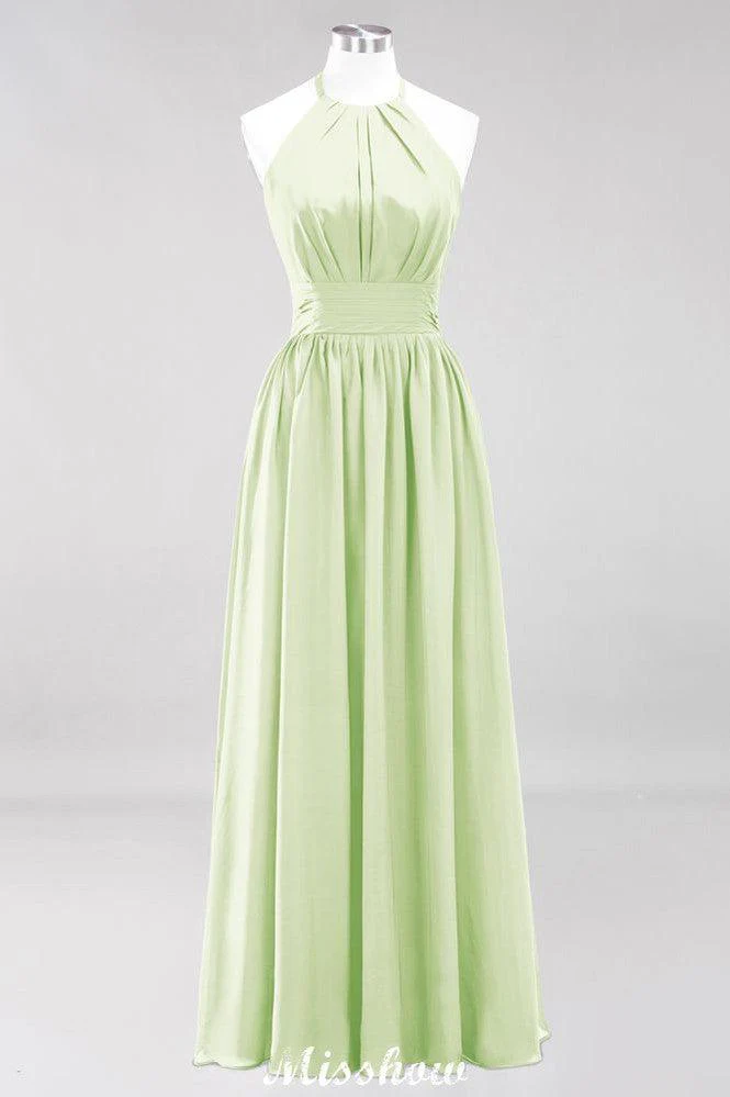 Appliques Halter Sleeveless Floor-Length Bridesmaid Dresses with Ruffles A-line Chiffon Evening Maxi Dress - Image 40
