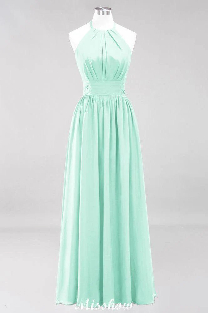 Appliques Halter Sleeveless Floor-Length Bridesmaid Dresses with Ruffles A-line Chiffon Evening Maxi Dress - Image 41