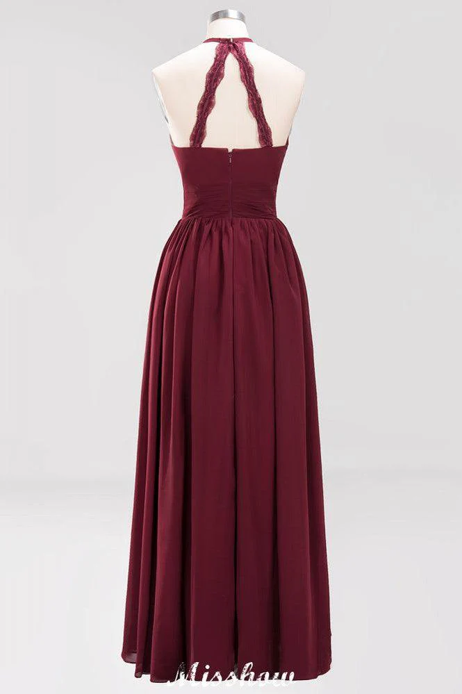 Appliques Halter Sleeveless Floor-Length Bridesmaid Dresses with Ruffles A-line Chiffon Evening Maxi Dress - Image 42