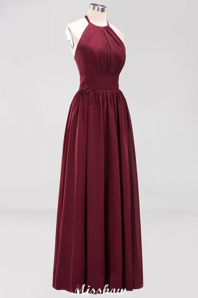 Appliques Halter Sleeveless Floor-Length Bridesmaid Dresses with Ruffles A-line Chiffon Evening Maxi Dress - Image 43