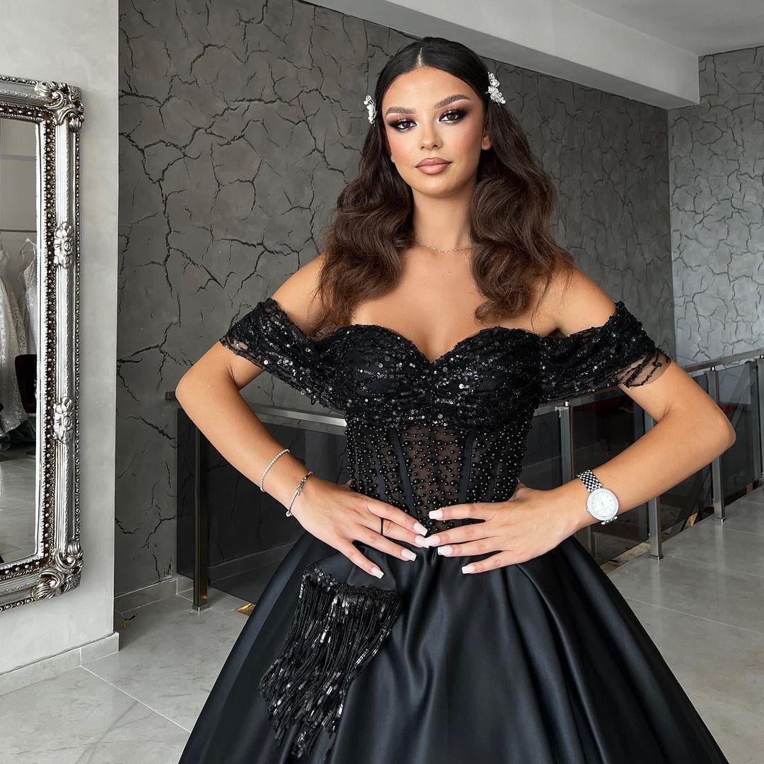 Beautiful Floor Length Sweetheart Off-The-Shoulder A-Line Satin Black Prom Dress with Beads - Image 3