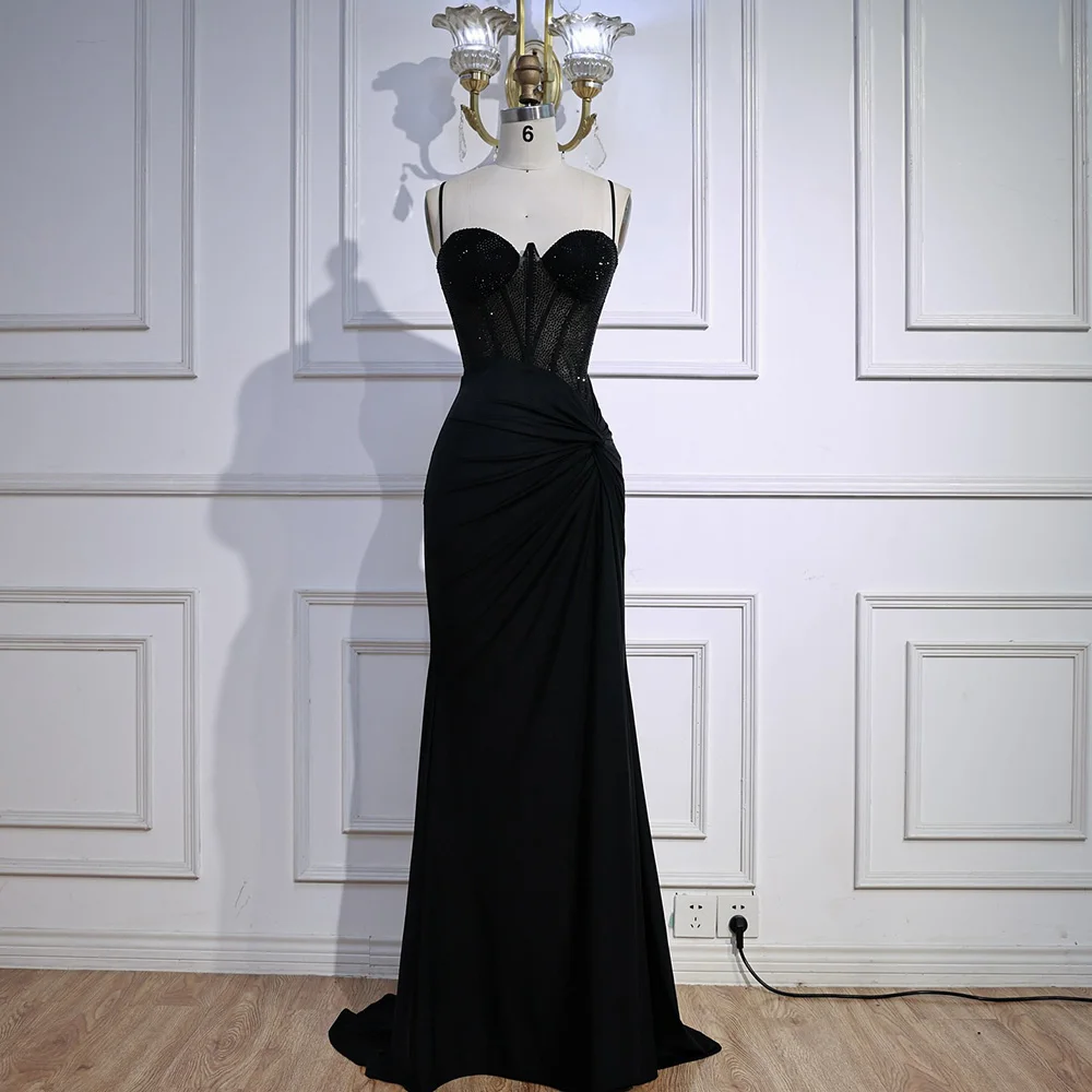 Black Beaded Classy Prom Dress with Spaghetti Straps
