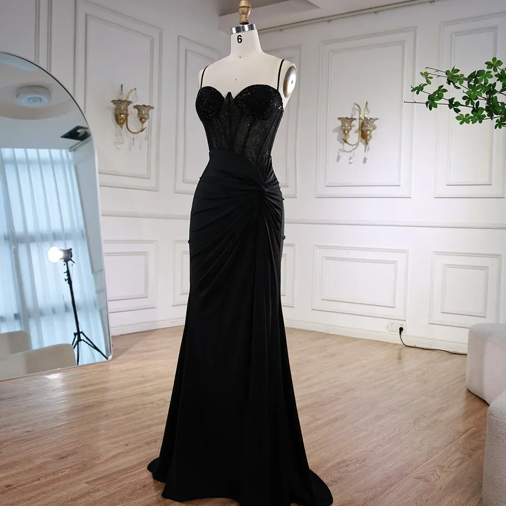 Black Beaded Classy Prom Dress with Spaghetti Straps - Image 2